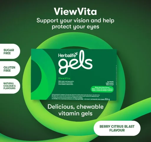 Herbalife Gels ViewVita product image, green set on a green background with a green swirl. 30 chewable vitamin gels